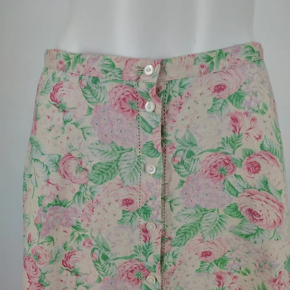 Vintage Lauren Ralph Lauren 100% Linen Floral Button-Front Skirt FLAW Size 8